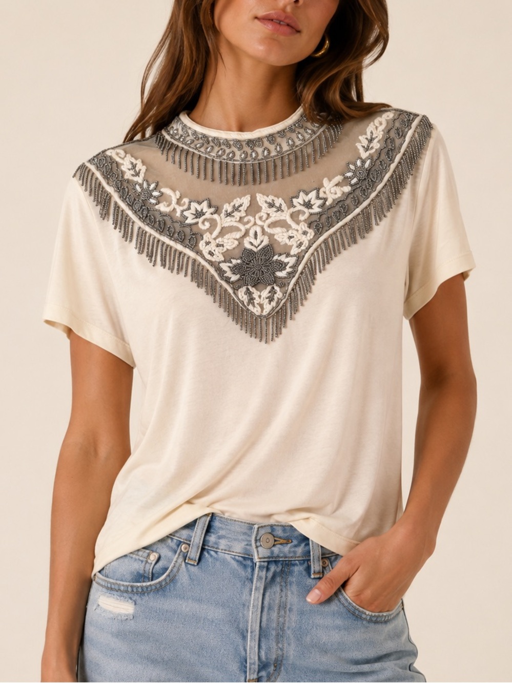 Haute Hippie Beaded Embroidered Fringe Ivory Top Blouse Size S Boho